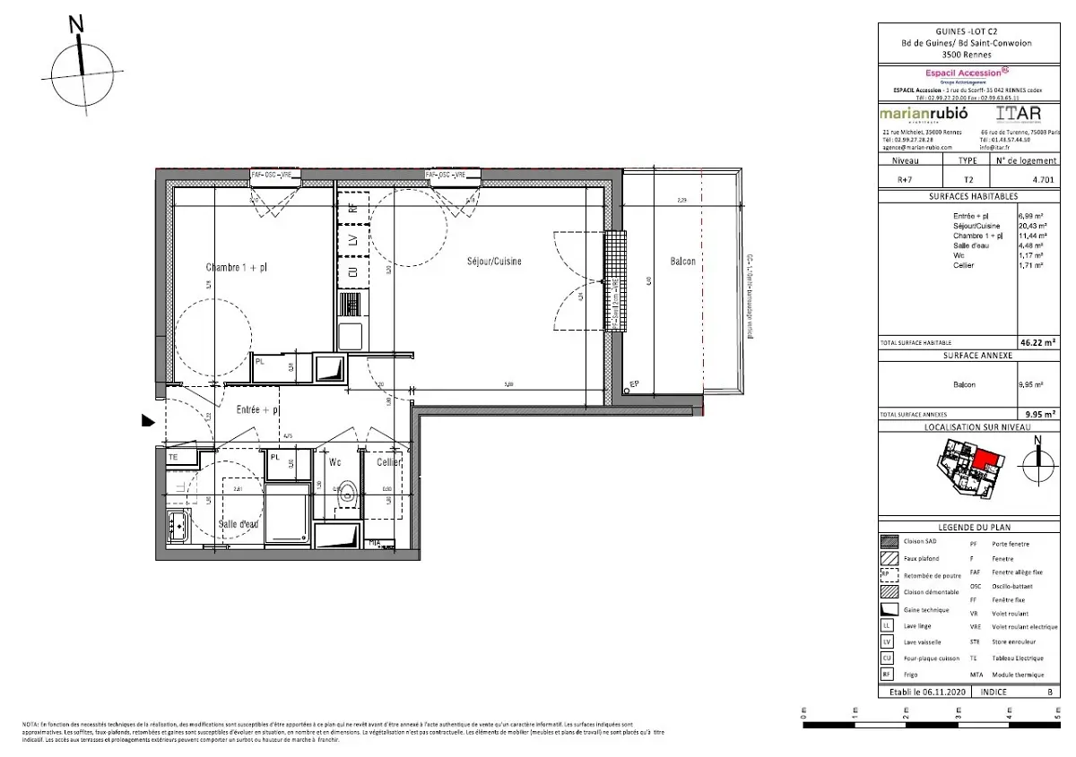 Appartement 2 pièces 46 m² · à Rennes · 46,2 m² · 688 €/mois