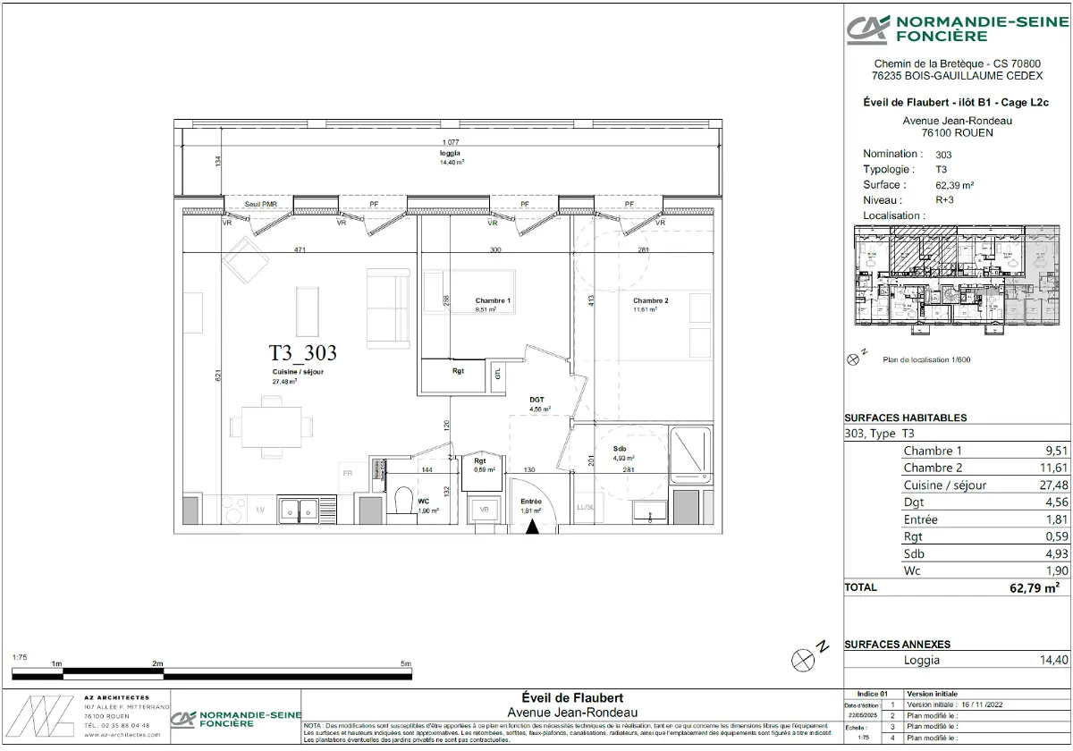 Appartement 3 pièces 63 m² · à Rouen · 62,8 m² · 911 €/mois