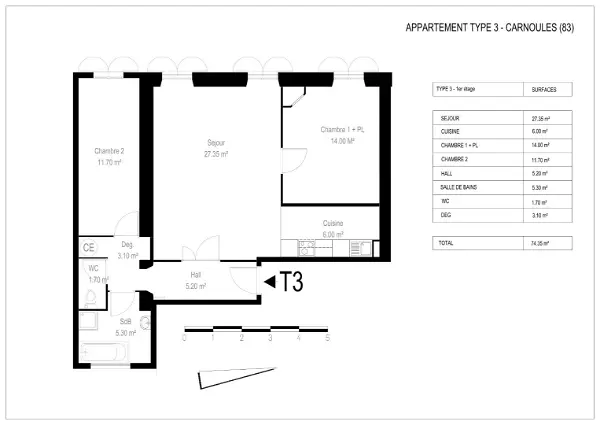 Location appartement 3 pièces - 74.35m² à Carnoules (83660)