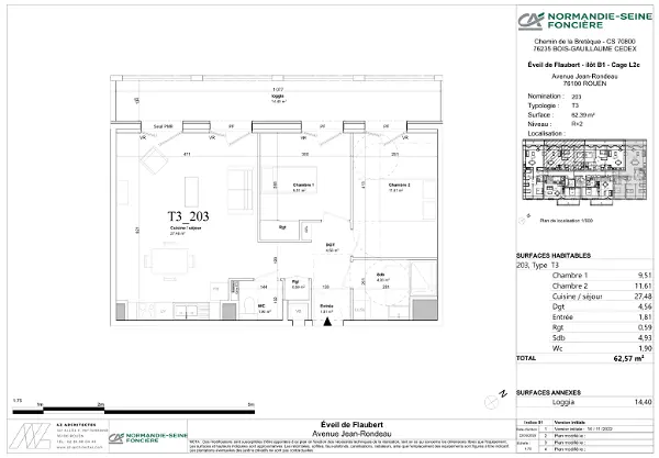 Location appartement 3 pièces - 62.57m² à Rouen (76100)