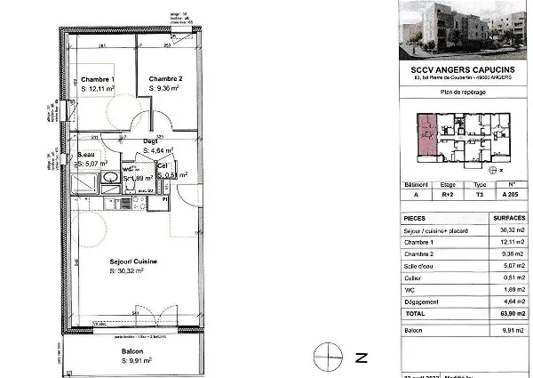 Location appartement 3 pièces - 63.9m² à Angers (49100)
