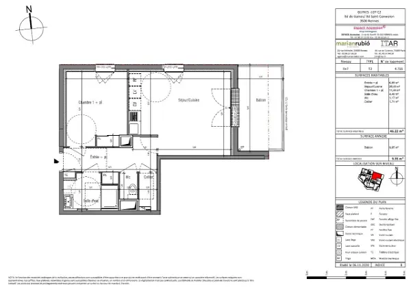 Location appartement 2 pièces - 46.22m² à Rennes (35000)