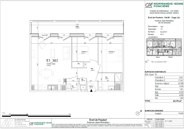 Location appartement 3 pièces - 62.79m² à Rouen (76100)