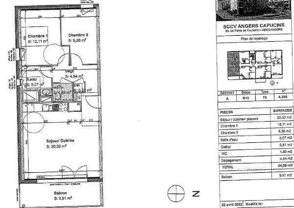 Location appartement 3 pièces - 69.39m² à Angers (49100)