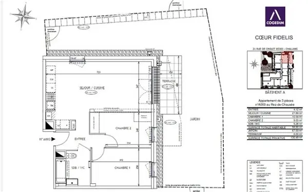 Location appartement 3 pièces - 56.9m² à Challans (85300)