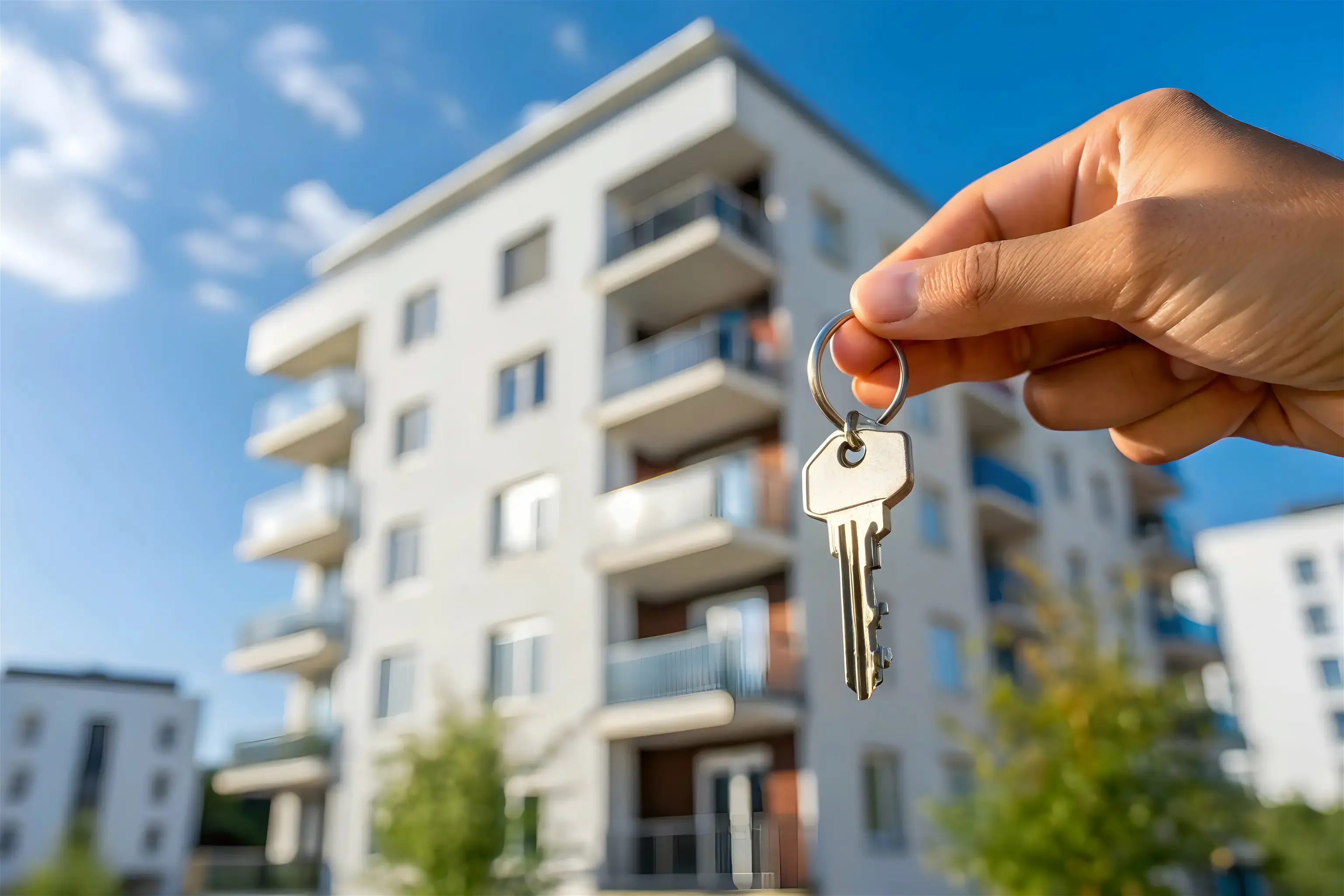 Une personne tient une clé devant un immeuble ensoleillé.