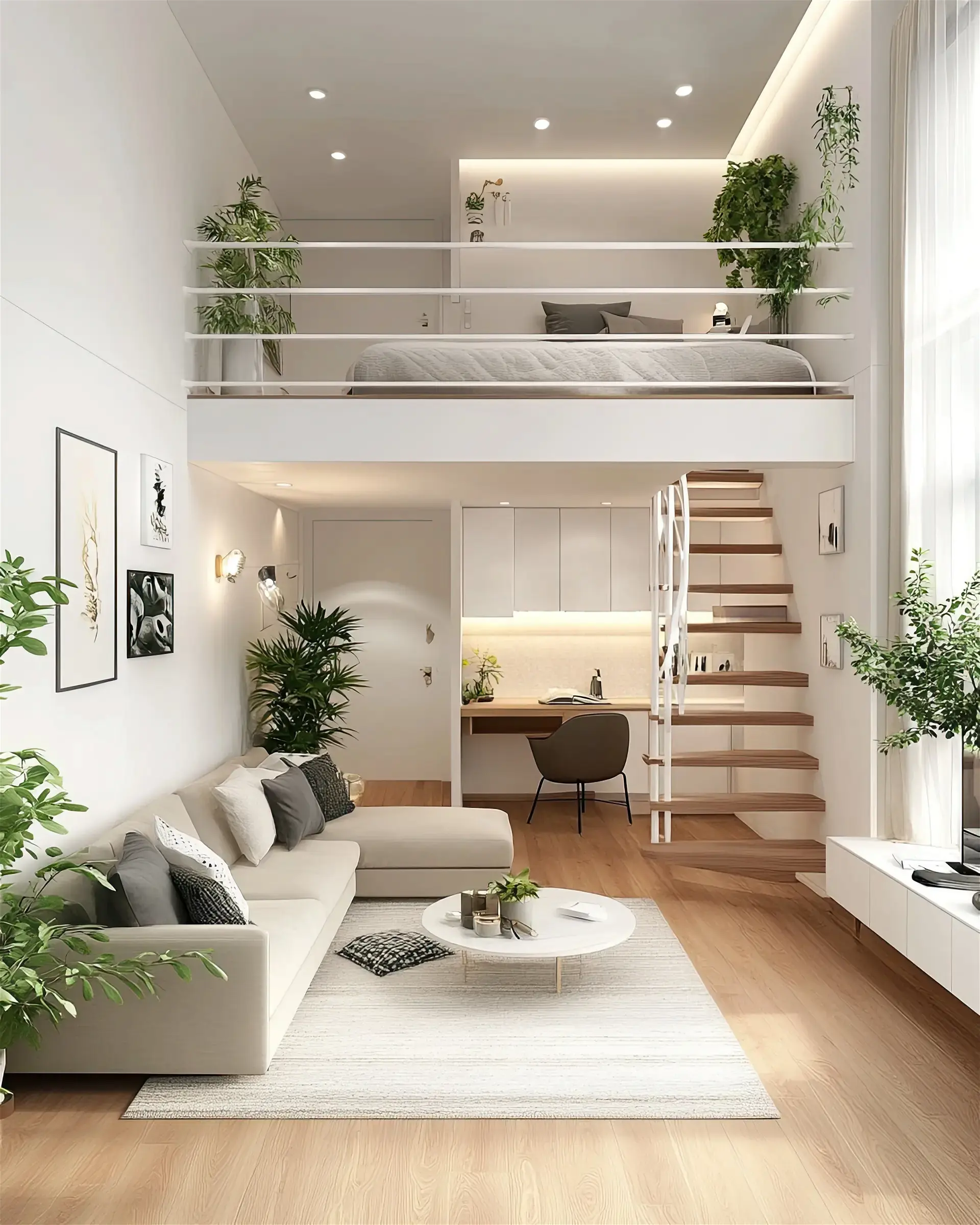 un appartement avec un étage, une décoration moderne, épurée, avec des plantes