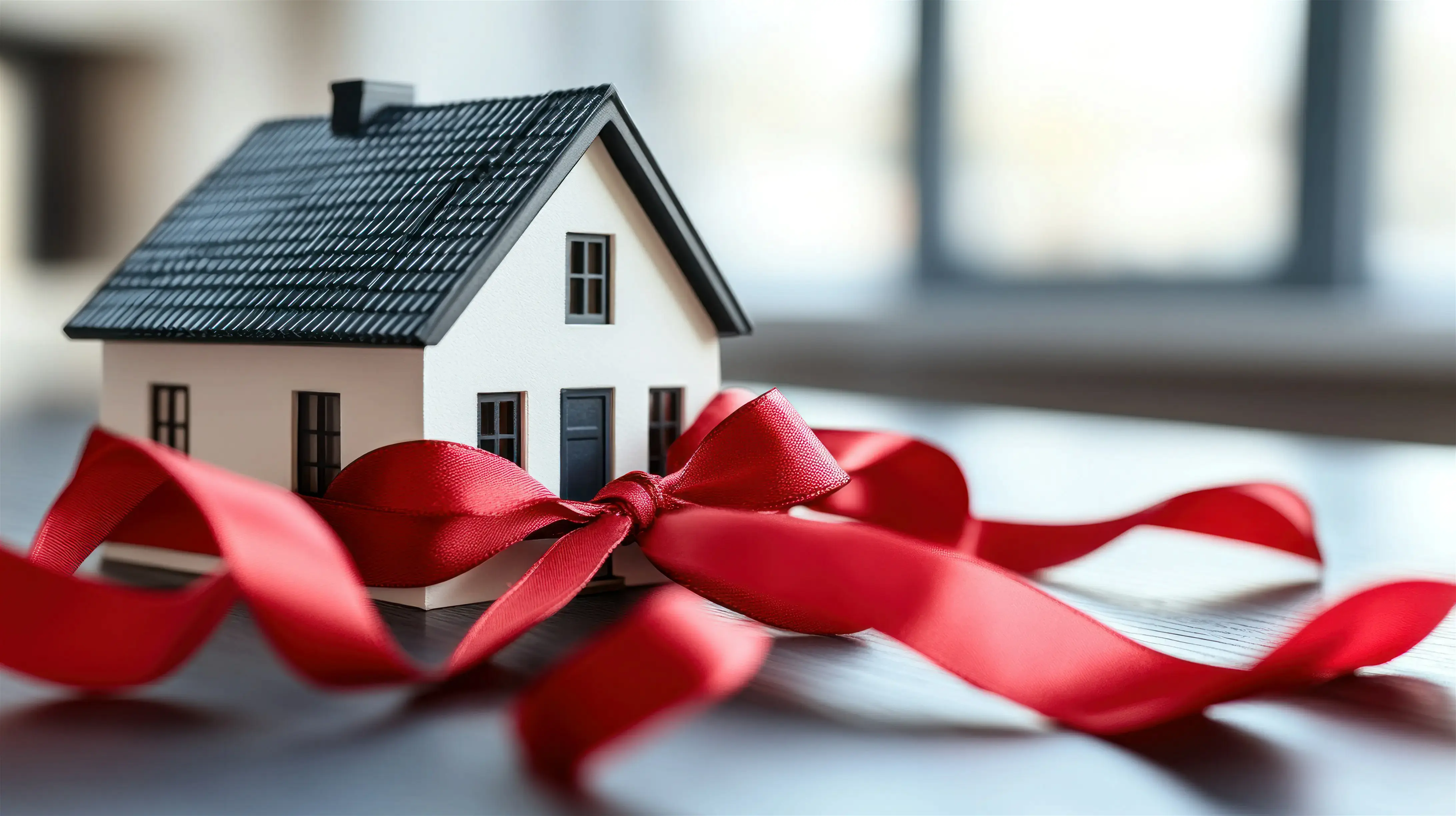Une maison miniature entourée d'un ruban de papier cadeau.